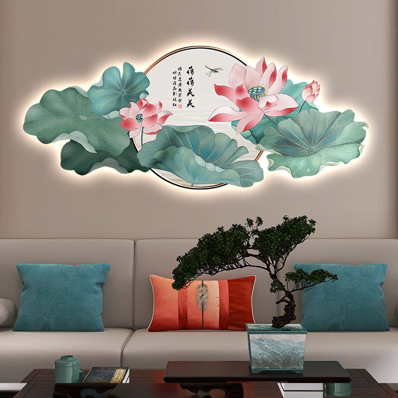 新中式荷花装饰画客厅沙发背景墙led壁灯挂画发光餐厅莲花九鱼图
