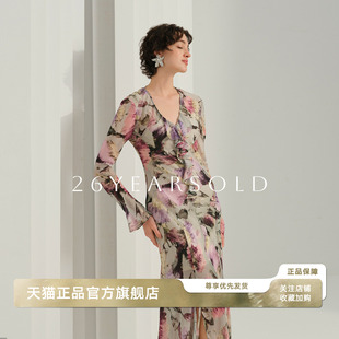 浪漫风长袖 法式 V领收腰通勤显瘦长裙印花连衣裙女 OLD时尚 26YEARS