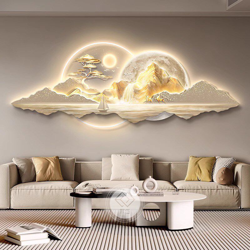 背靠金山客厅装饰画轻奢高级感沙发背景墙挂画立体大气山水壁灯画