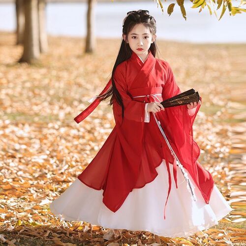 红色汉服女童2024新款春秋魏晋古装复原儿童大袖衫交领仙女