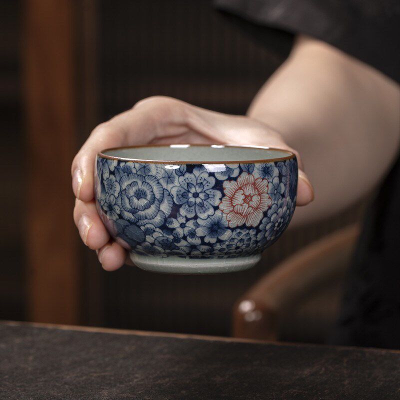 景德镇老泥料青花手工主人杯鸿运当头手绘万花茶杯陶瓷单杯全手工