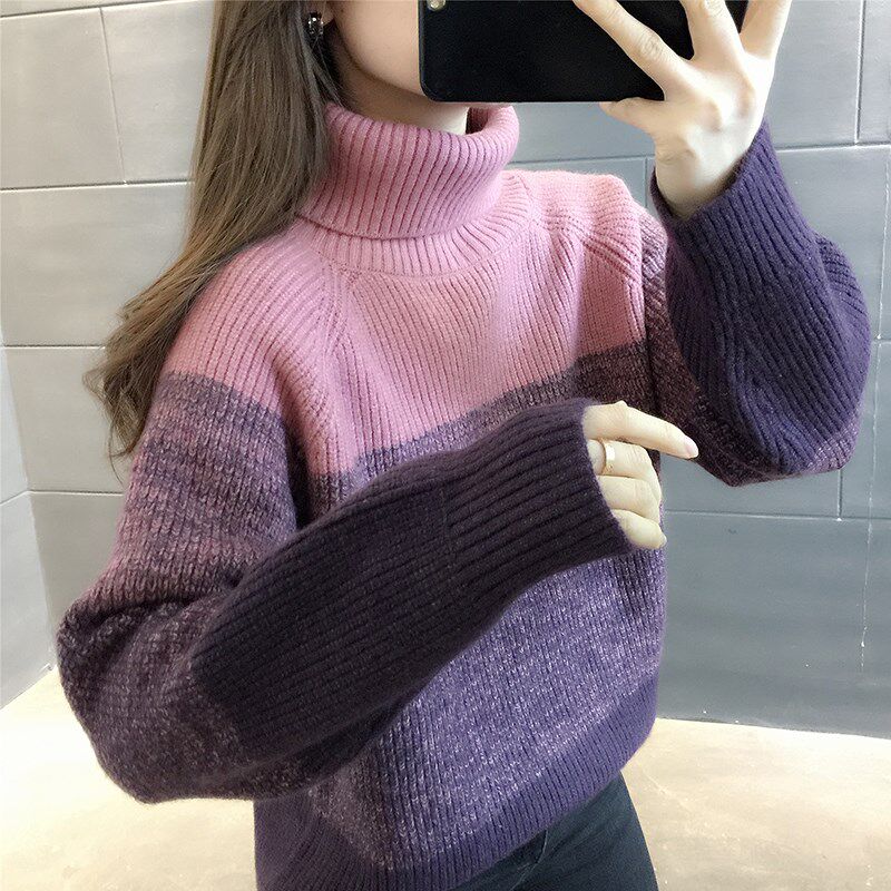 花纱高领毛衣女加厚打底衫2025春秋新款条纹外穿针织衫内搭上衣潮