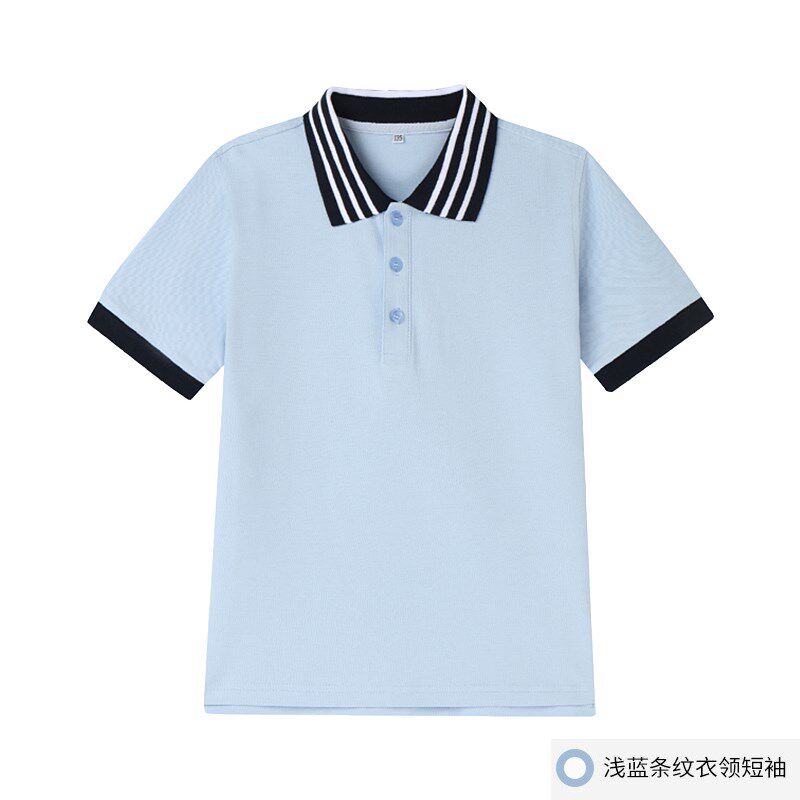 儿童t恤浅蓝色男童校服短袖POLO衫带翻领白色女童中学小学生班服