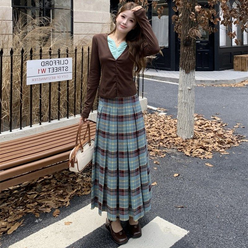 大码胖mm复古假两件针织衫上衣格纹百褶半身裙女秋季显瘦两件套装