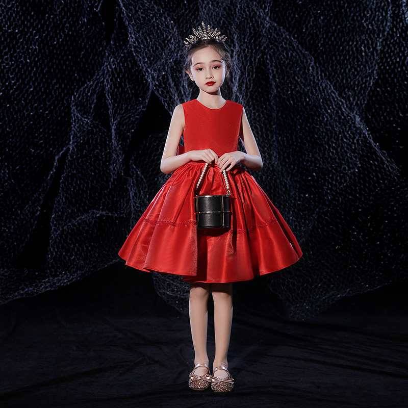 儿童晚礼服公主裙女童蓬蓬纱生日小女孩花童婚礼钢琴演出服红色冬