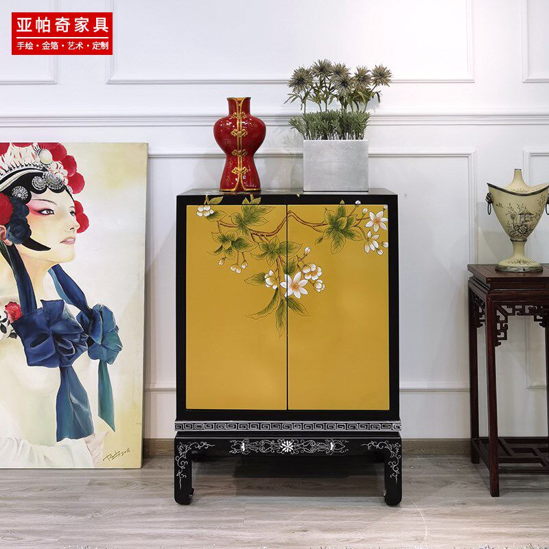 新中式鞋柜家用门口玄关柜彩绘装饰双门整柜烤漆大容量卧室储物柜