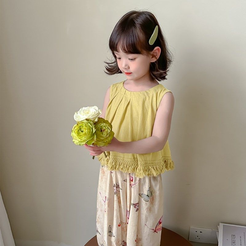 女童背心夏季薄款儿童吊带2024新款夏装洋气女孩流苏款无袖T恤衫