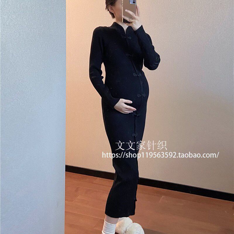 文文家针织秋冬女毛衣针织连衣裙孕妇装黑色旗袍风内搭打底长裙子