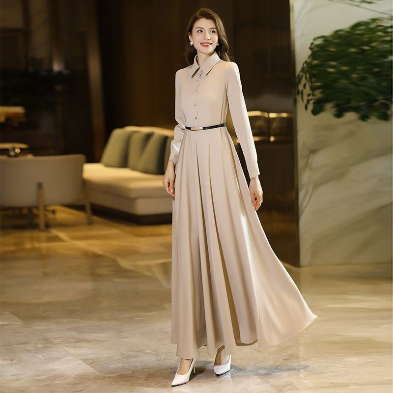 长袖连衣裙女2024春秋新款气质长款大摆衬衫领显瘦长裙过膝风衣裙