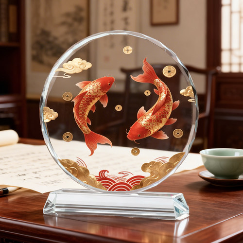中式锦鲤开业聚财桌面水晶摆件
