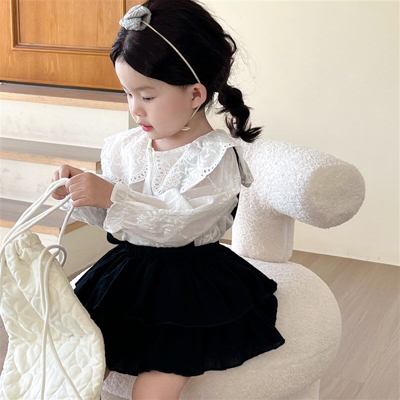 女宝宝短袖套装夏装女童大翻领衬衫婴儿衣服周岁礼服包屁背带裙裤