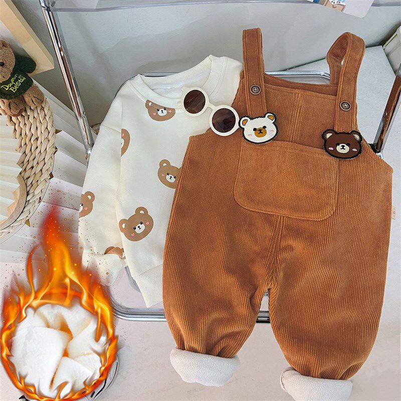 女宝宝加绒套装秋冬洋气2儿童衣服冬季童装婴儿背带裤1岁女童冬装