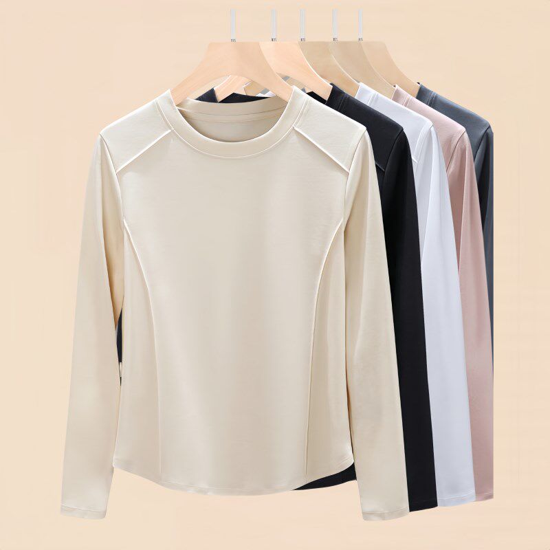 圆领丝光棉长袖T恤女2025春季白色新款内搭打底衫百搭修身外穿