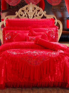 高档结婚庆大红色纯棉全棉蕾丝床裙床盖罩床单1.5m1.8m2米四件套