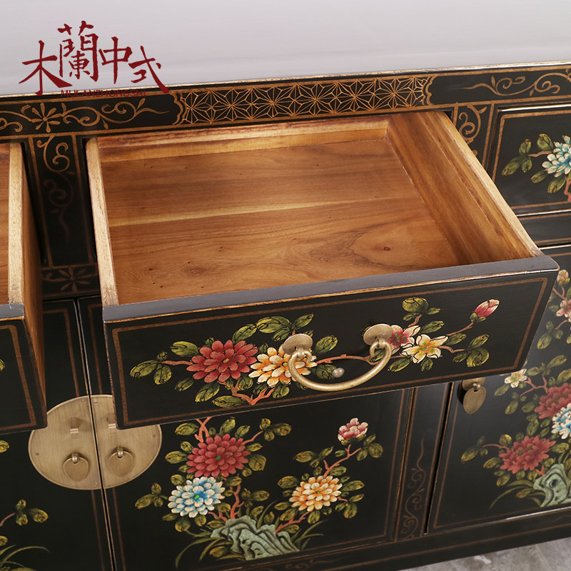 新中式家具彩绘餐边柜4门仿古实木玄关门厅装饰储物柜鞋柜酒水柜