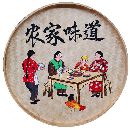 竹编手绘簸箕画装饰品餐厅挂饰米筛墙饰田园农村墙壁挂农挂画