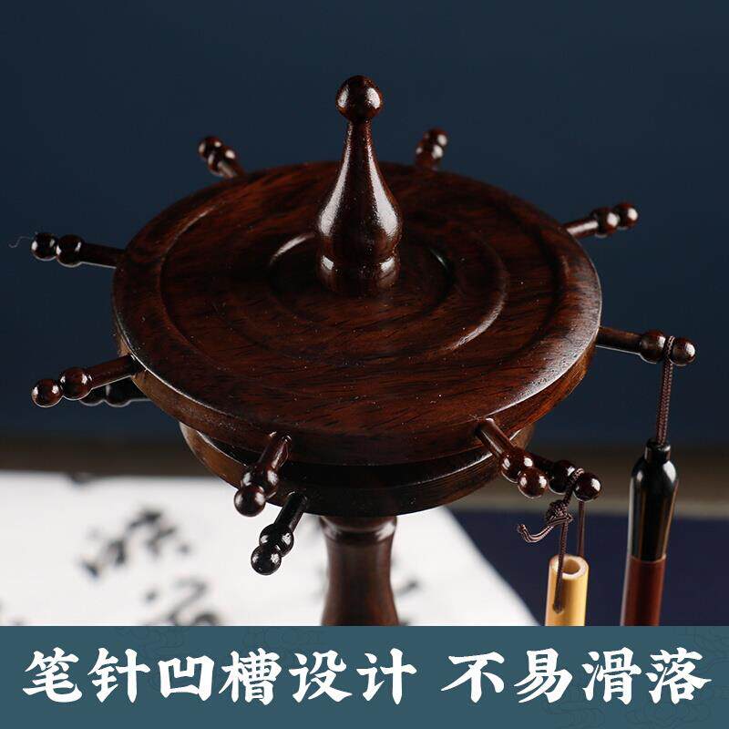 圆形实木毛笔挂架书法专用笔架 黑枝木竹木笔挂多功能圆盘设计