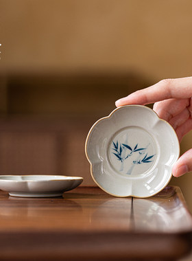 画续草木灰手绘竹子茶具茶垫杯垫茶道配件茶杯托杯陶瓷中式碟兰花