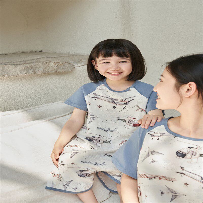 儿童睡衣夏季竹棉睡袍薄款宝宝睡裙婴儿长款男童女童睡衣纱布亲子