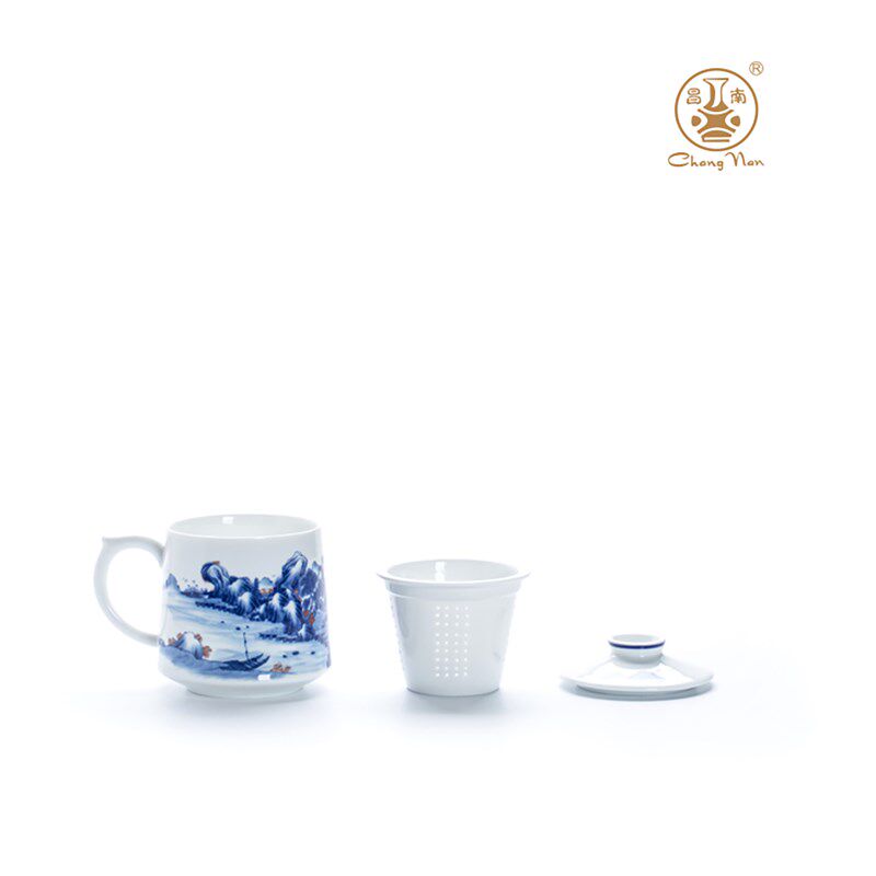 昌南陶瓷青花釉里红山水图带盖带过滤大容量高档礼品陶瓷茶杯