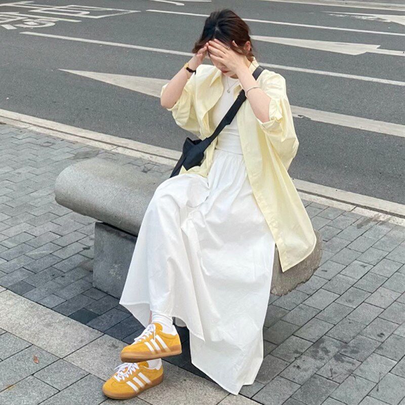 大码女装2024早春胖mm简约奶黄衬衫针织拼接背心连衣裙时尚两件套