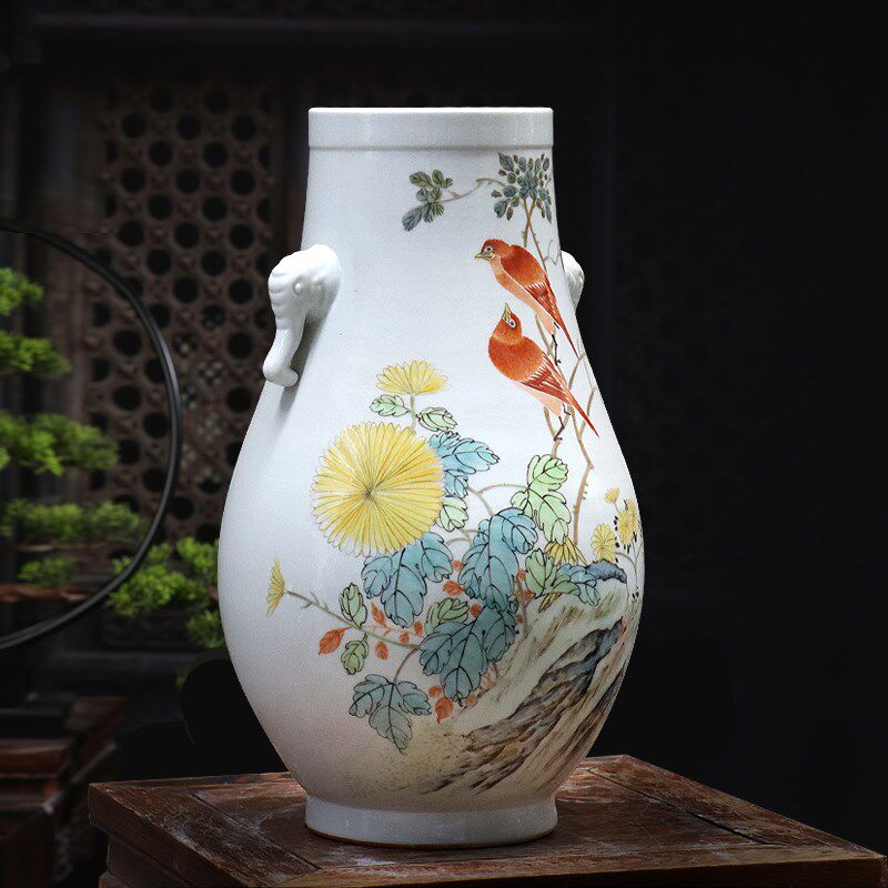 景德镇陶瓷花瓶双耳福筒摆件干花装饰品电视柜玄关家居新中式花鸟