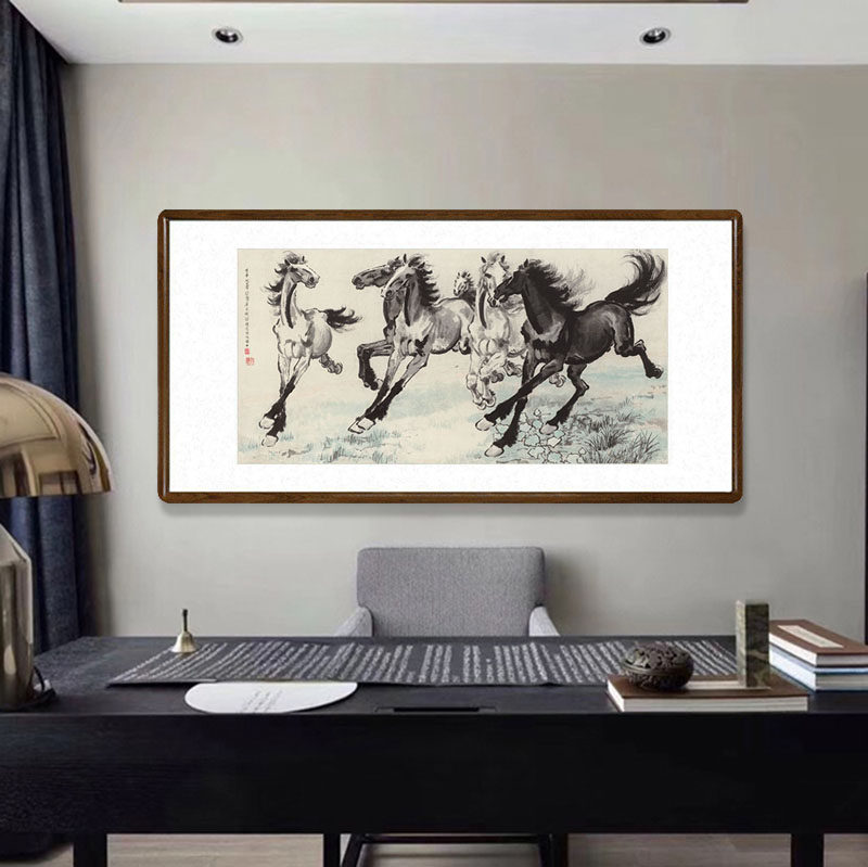 徐悲鸿六骏图国画新中式客厅背景墙装饰画办公室马到成功横版字画