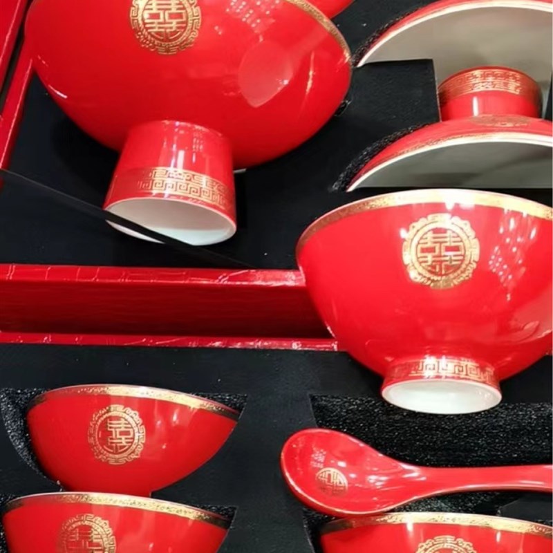 温州订婚红喜浮雕金6寸点心面碗过年分岁搬家福寿礼品皮箱包装