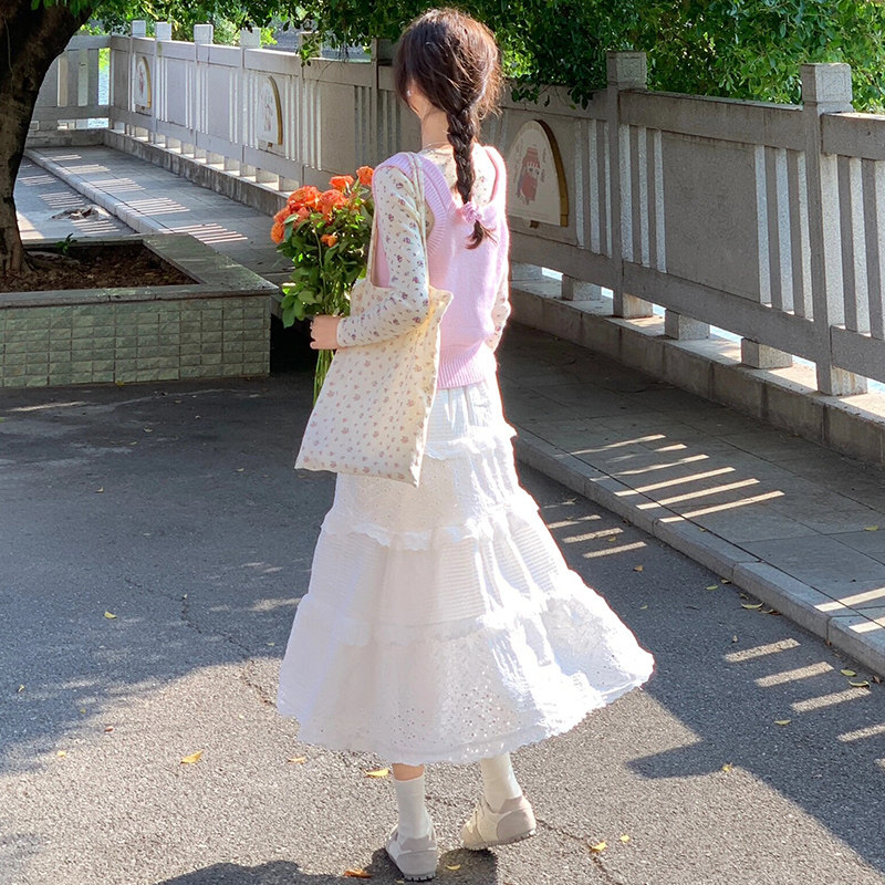 白色半身裙女夏季2024新款高腰a字中长款温柔风小个子纱裙蛋糕裙