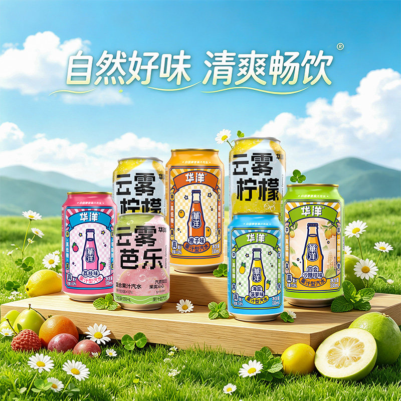 华洋果汁汽水 330ml 罐装橙子荔枝砂糖橘多口味果味碳酸饮料12