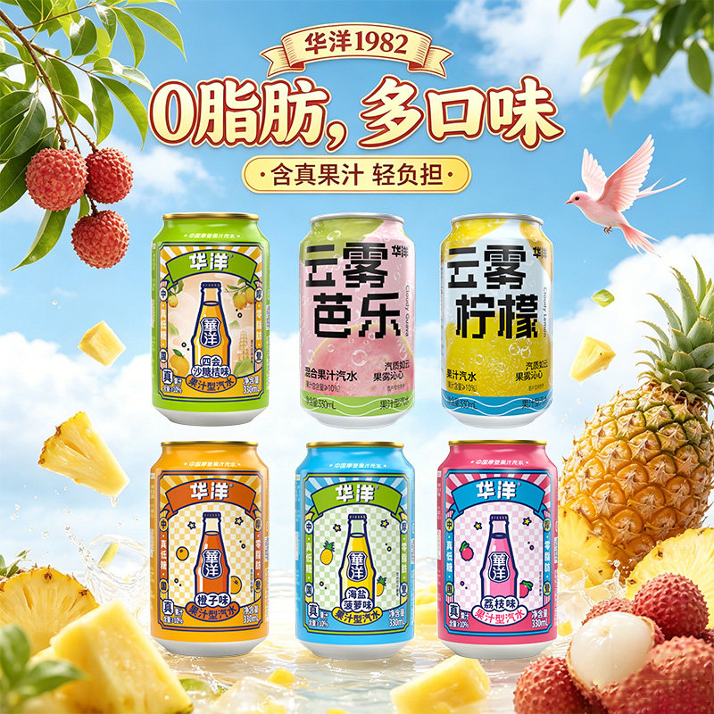 华洋果汁汽水330ml易拉罐装果味碳酸饮料整箱饮品真低糖0脂肪