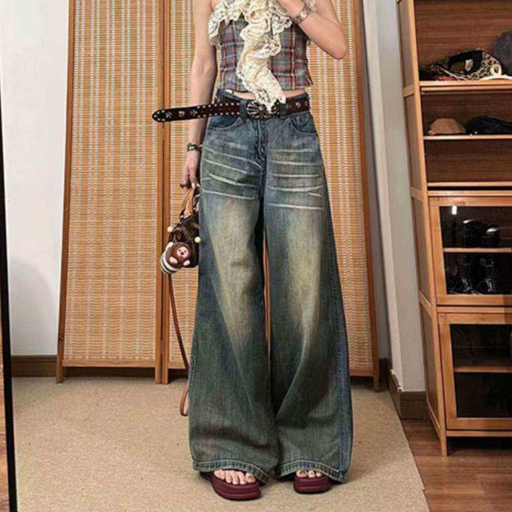 辣妹复古蓝怀旧阔腿牛仔裤女小个子高腰阔腿裤垂感拖地直筒长裤子