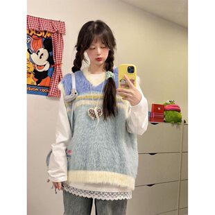 韩版彩虹撞色软糯针织衫毛衣马甲搭配白色t恤上衣两件套装