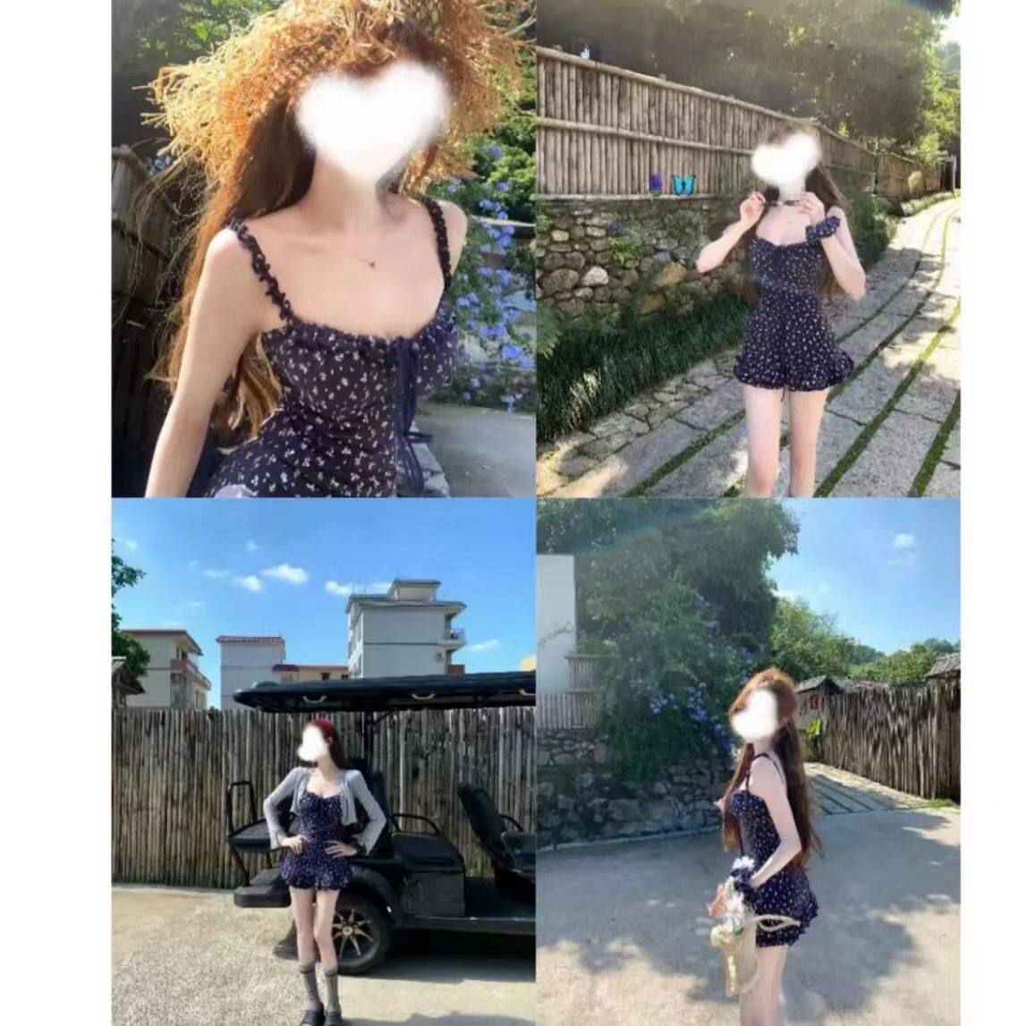大码胖mm女装夏季小清新碎花度假风连衣裙木耳边开衫套装辣妹