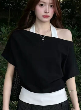 2026年夏季新款甜辣风气质挂脖短袖T恤女宽松显瘦设计感百搭上衣