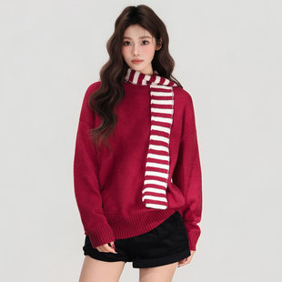 秋冬新款条纹围巾红色圆领针织长袖加厚毛衣外套打底衫内搭上衣女