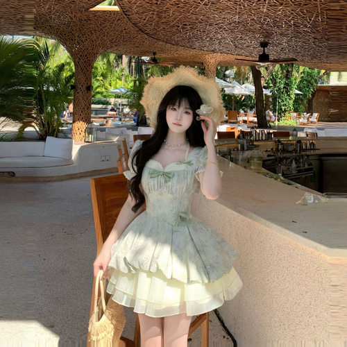夏季清新甜美少女泡泡袖提花连衣裙新款收腰显瘦小个子蓬蓬公主裙