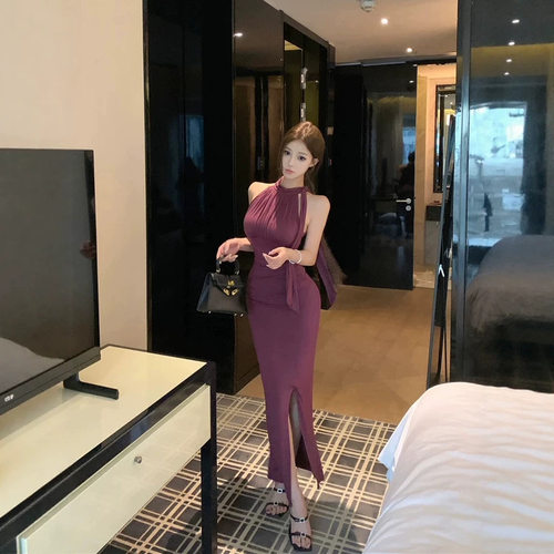 纯欲御姐绝美紫色显瘦连衣裙新款2026夏季收腰显身材开衩包臀长裙