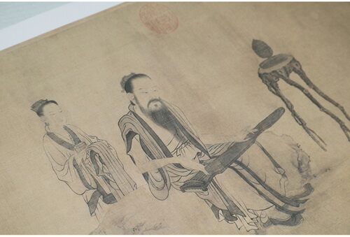 元王振鹏 伯牙鼓琴图 仿古画工笔人物画高清复制临摹手稿装饰画