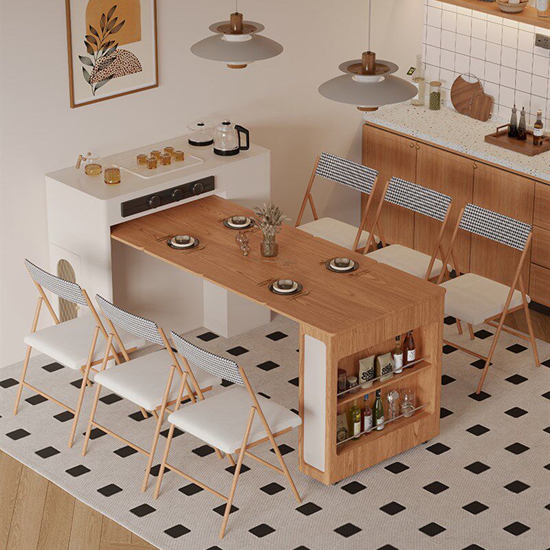 折叠岛式餐桌集成小公寓家用可伸缩厨房原木风格茶柜餐具柜酒吧岛