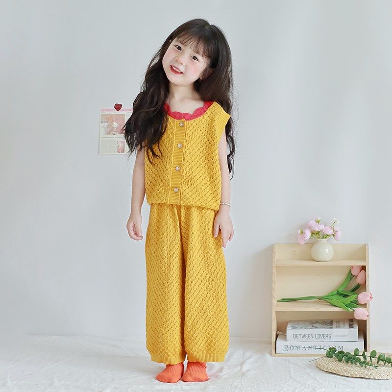女童镂空针织套装夏季纯棉薄款女宝宝贝壳领开衫马甲阔腿裤夏装