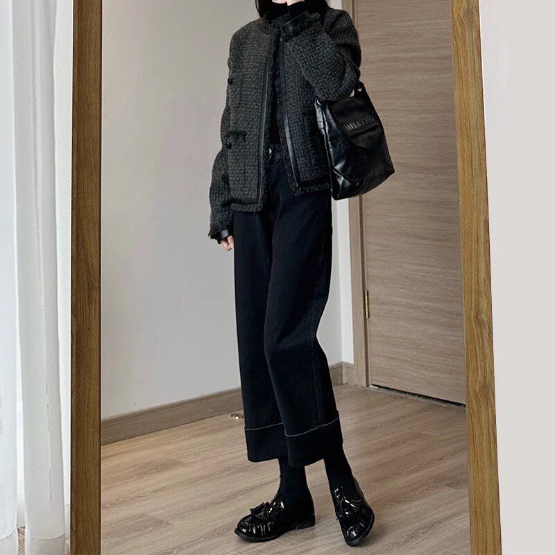 加绒女冬季裤子2024秋冬款黑色直筒牛仔裤胖mm大码裤子九分阔腿裤