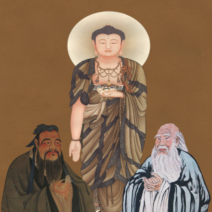 儒释道三教神像佛祖释迦摩尼佛孔子老子画像丝绸卷轴画学堂供奉画