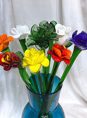 法式田园风格彩色琉璃玻璃花朵装饰轻奢软装客厅卧室台面桌面摆件