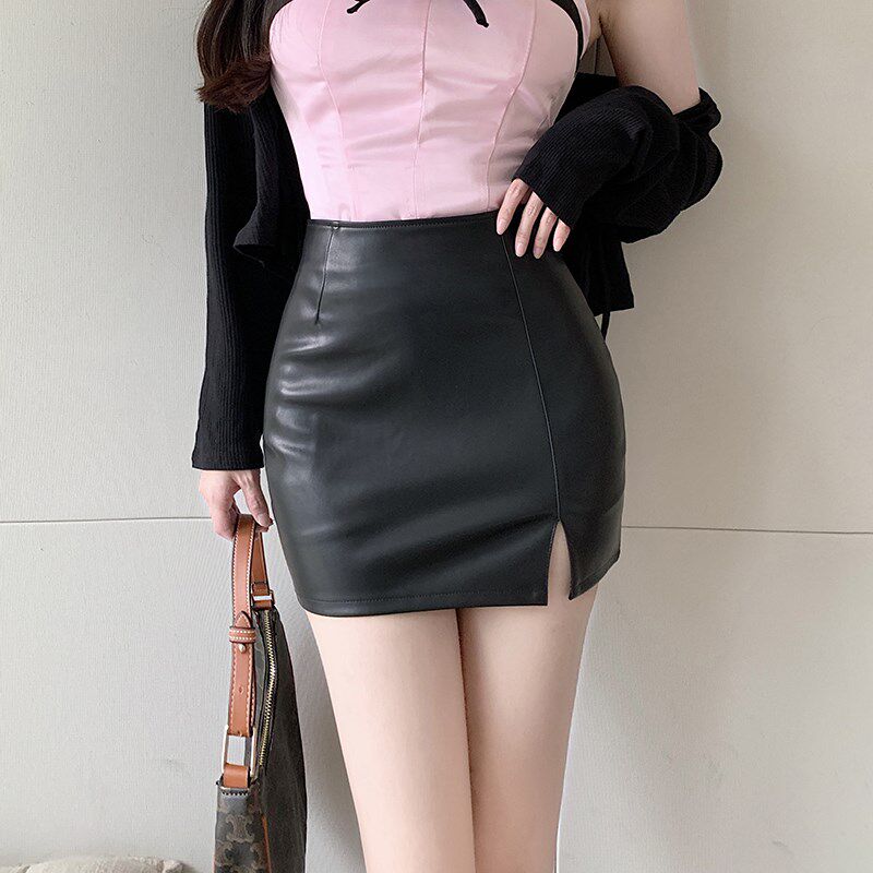 棕色开叉皮裙女秋2024新款高腰pu包臀半身裙紧身性感一步短裙秋冬