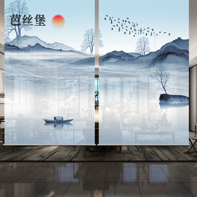 新中式卷帘窗帘升降挂帘子软隔断屏风帘手拉帘办公客厅卧室山水画