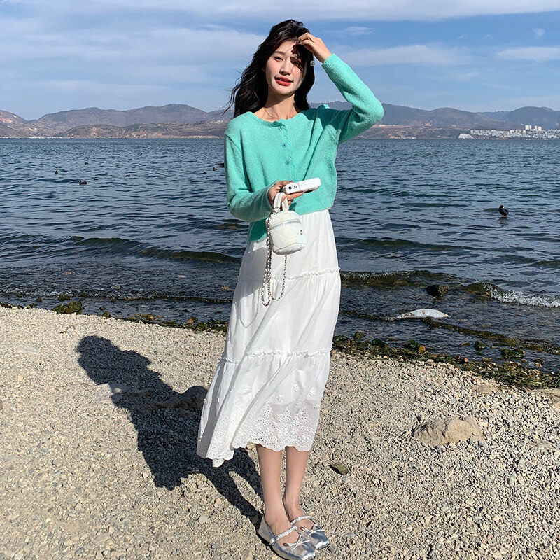 度假风挂脖吊带两件套女内搭中长款系带毛衣白色吊带背心