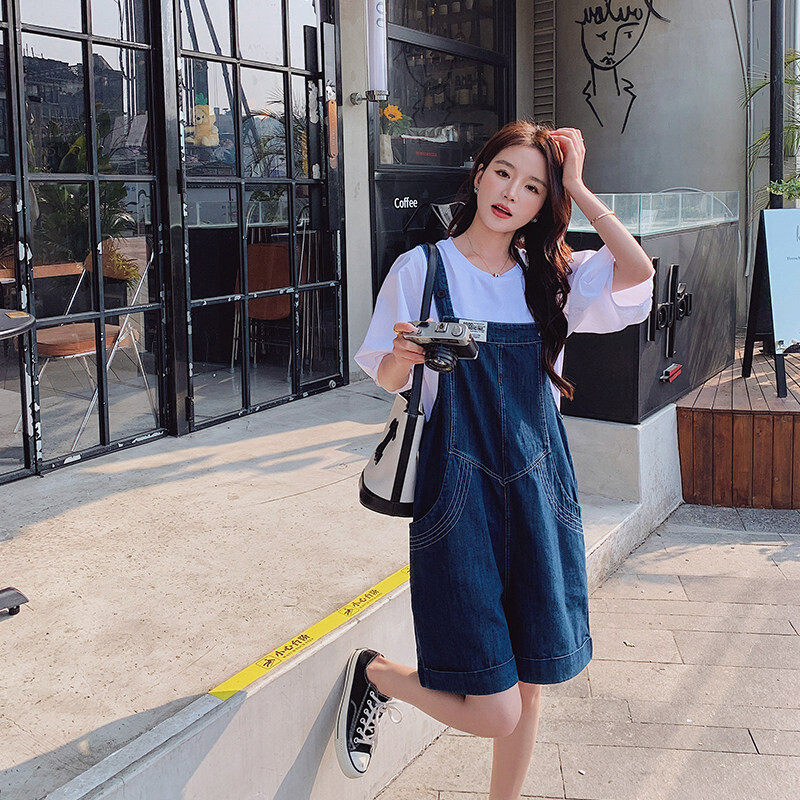 牛仔背带裤套装女夏两件套减龄百搭小个子显瘦休闲港风