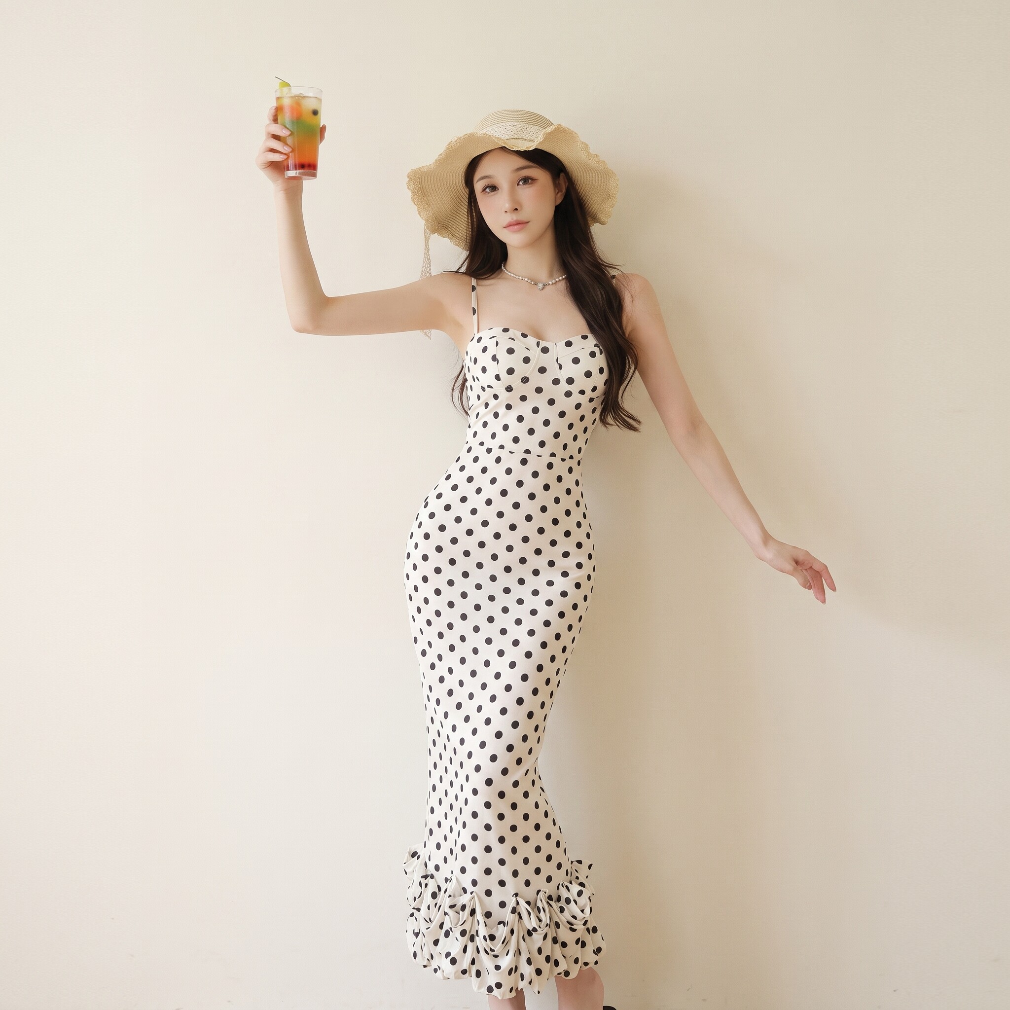 小可wiwi法式赫本风波点吊带连衣裙女夏修身荷叶边度假气质长裙