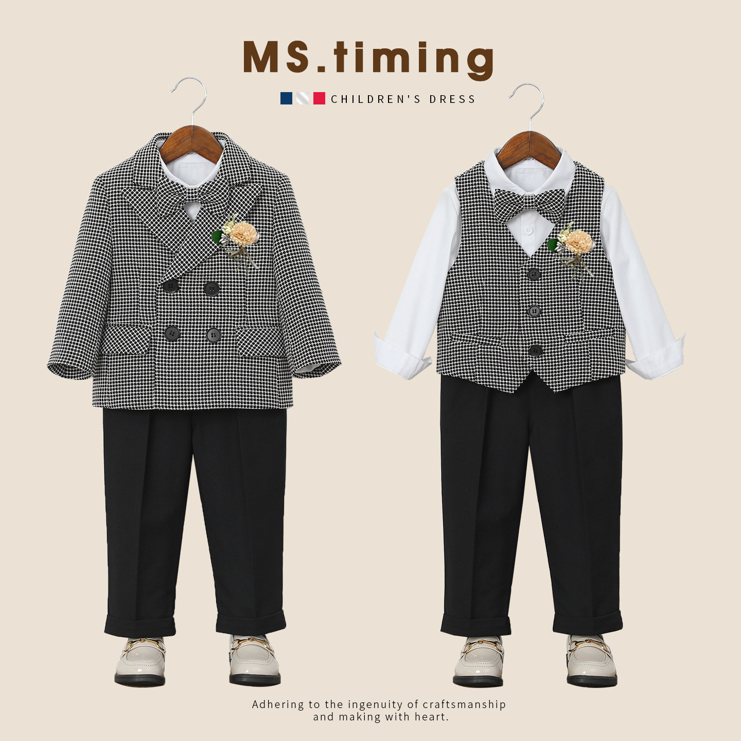 儿童英伦风千鸟格西服外套男童花童礼服格子小西服演出服三件套潮